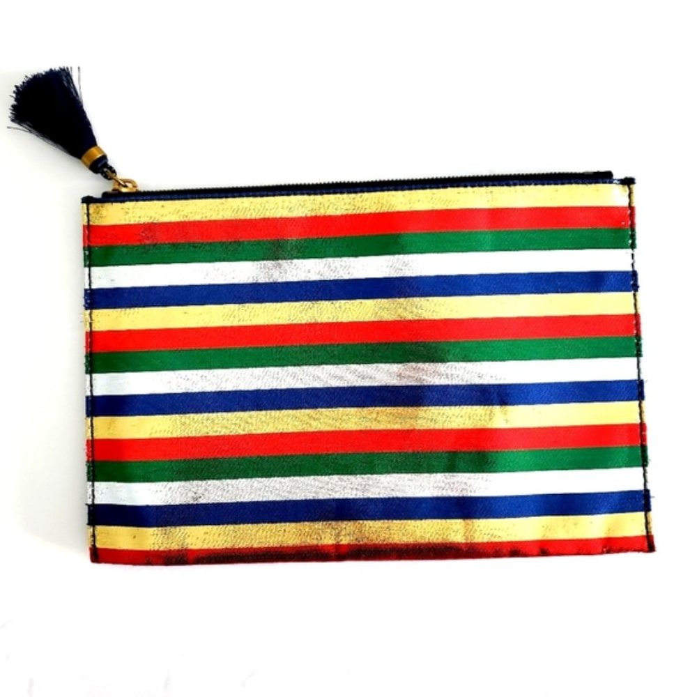 NWT J.Crew Metallic Striped Tassel Clutch Top Zip closure